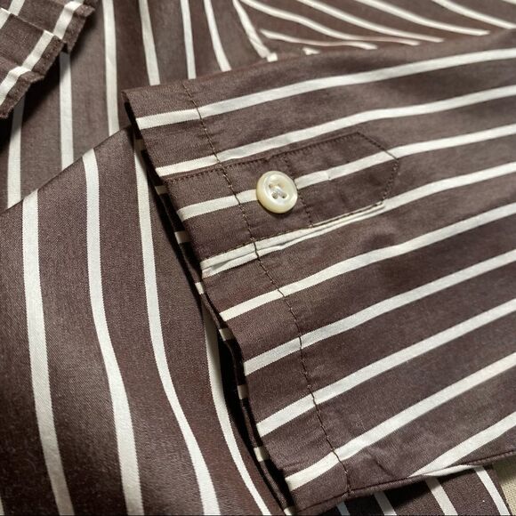 Ralph Lauren Polished Cotton Poplin Brown & White Accordion Pleat Ruffle Blouse - Picture 7 of 10